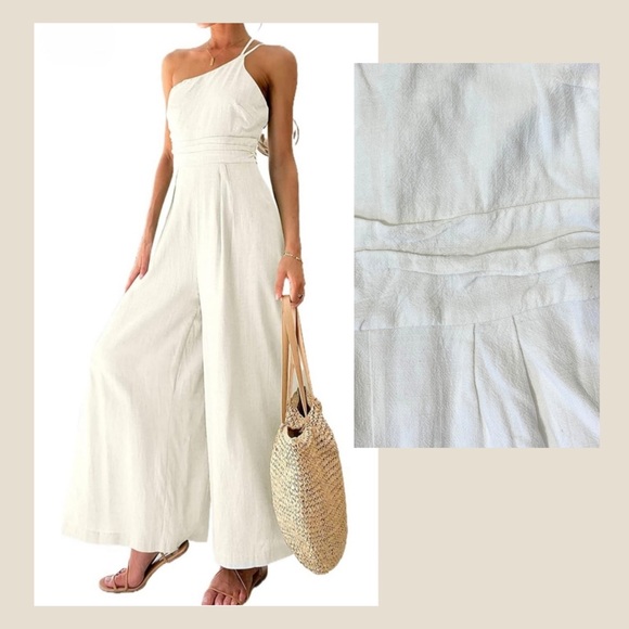 White One-Shoulder Linen Blend Jumpsuit – Size S, Effortless Chic - Picture 1 of 12